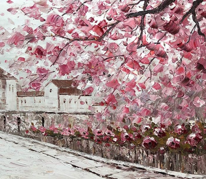 Pink Canvas Art Couple Stroll In Village Landscape Hang Above Sofa - Image 4