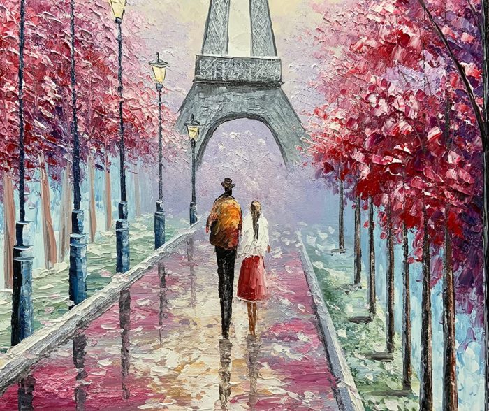 Romantic Eiffel Tower Pink Cherry Blossom Scape Couple Wall Art - Image 5