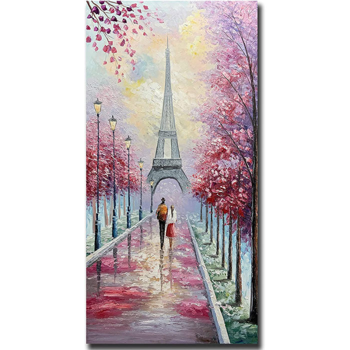 Romantic Eiffel Tower Pink Cherry Blossom Scape Couple Wall Art - Image 2