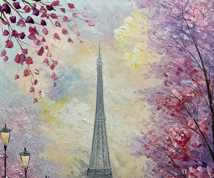 Romantic Eiffel Tower Pink Cherry Blossom Scape Couple Wall Art - Image 4