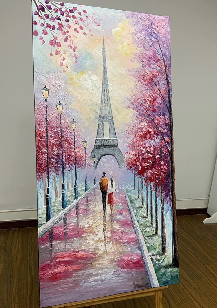 Romantic Eiffel Tower Pink Cherry Blossom Scape Couple Wall Art - Image 6