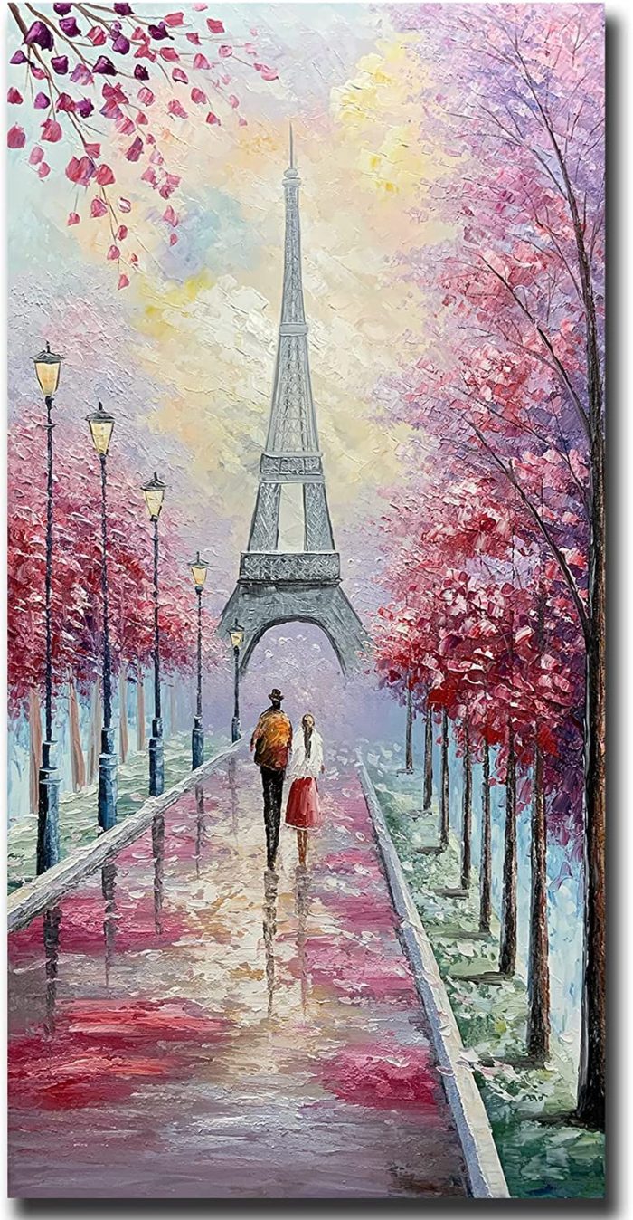 Romantic Eiffel Tower Pink Cherry Blossom Scape Couple Wall Art - Image 3