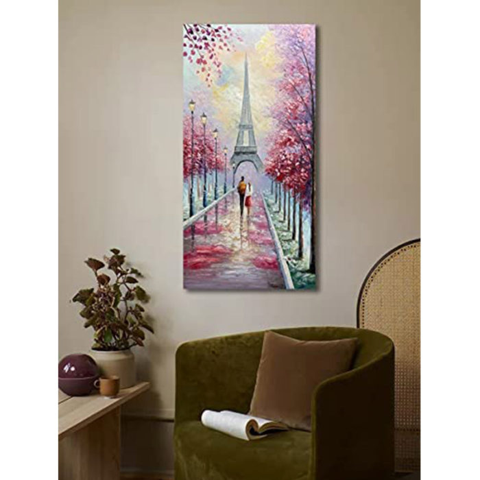 Romantic Eiffel Tower Pink Cherry Blossom Scape Couple Wall Art