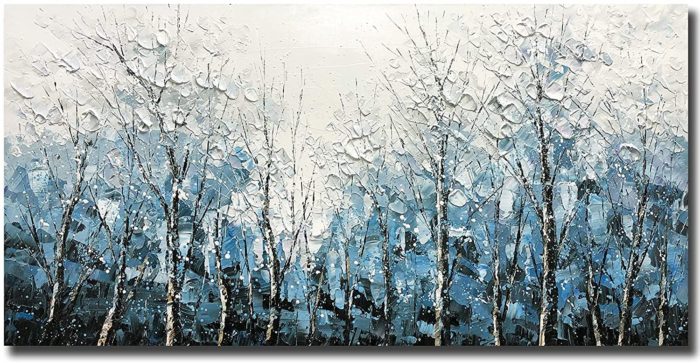 Scape of Aspen Forest White And Light Blue Modern Oil Painting - Image 2