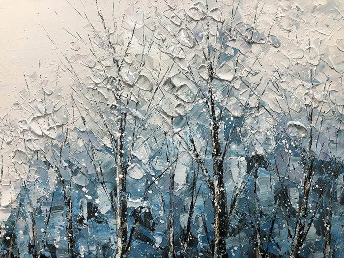 Scape of Aspen Forest White And Light Blue Modern Oil Painting - Image 3