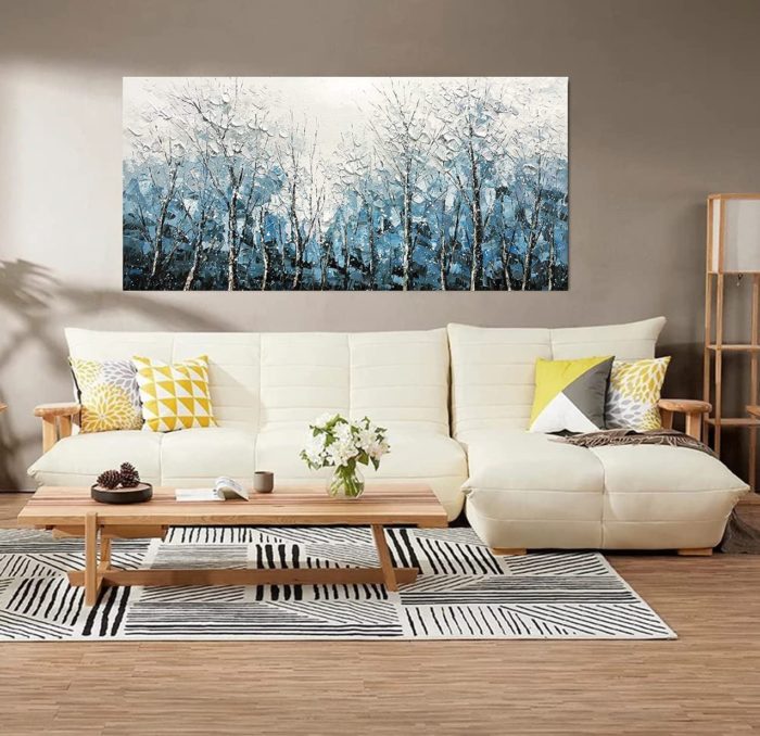 Scape of Aspen Forest White And Light Blue Modern Oil Painting - Image 7