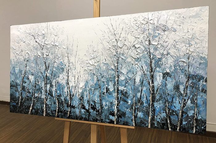 Scape of Aspen Forest White And Light Blue Modern Oil Painting - Image 5