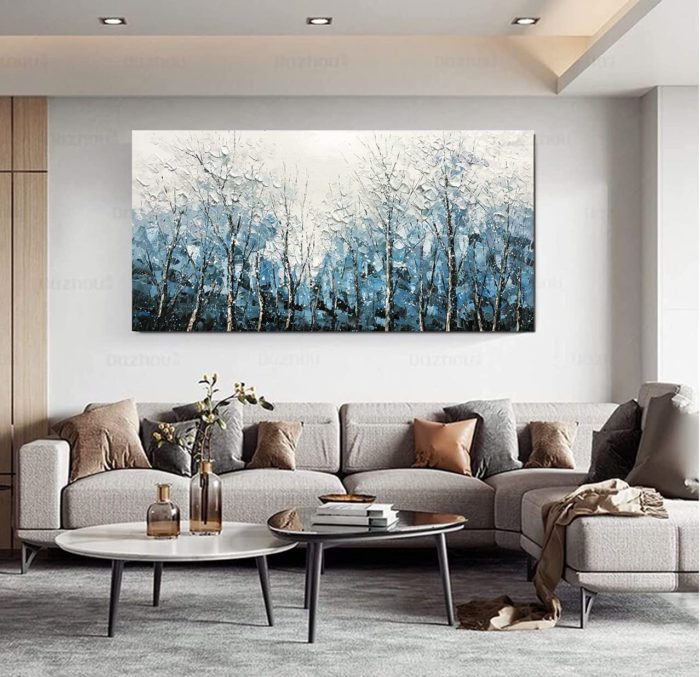 Scape of Aspen Forest White And Light Blue Modern Oil Painting - Image 6