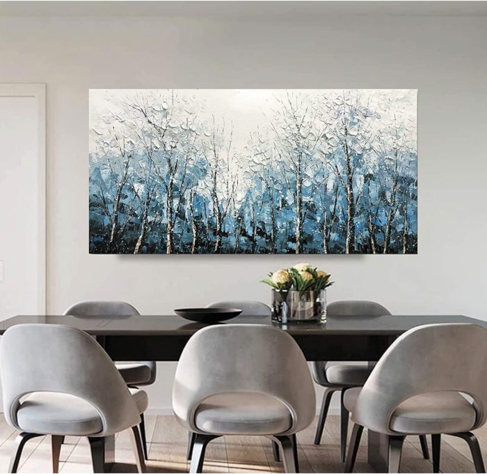 Scape of Aspen Forest White And Light Blue Modern Oil Painting