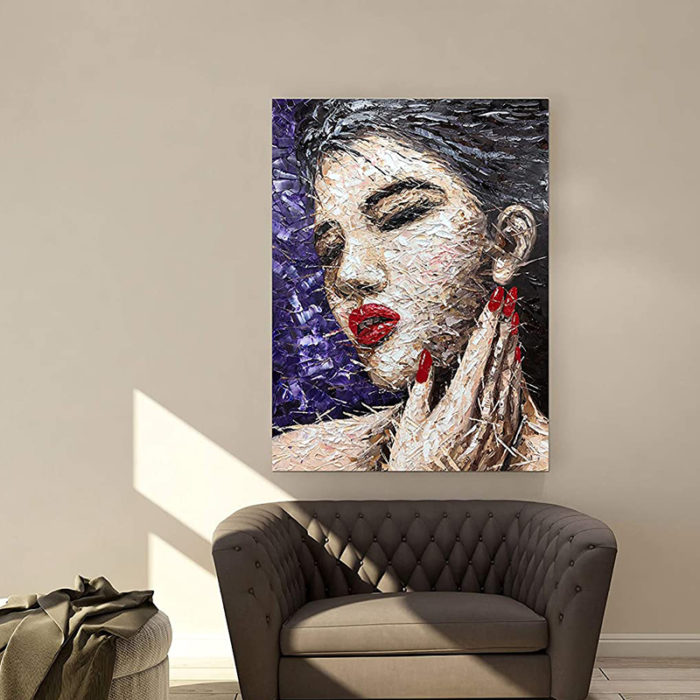 Sexy Lady With Red Lips Clear Textured Canvas Wall Art Painting