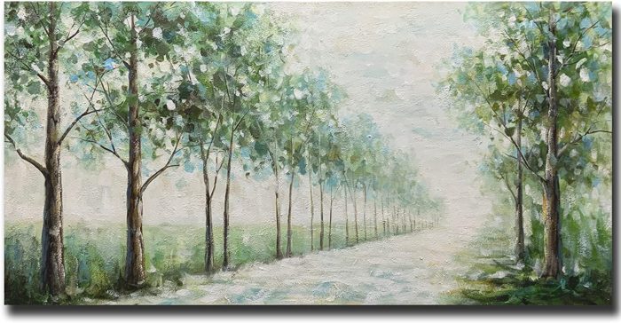 Spring Green Trees On Two Side of Road Painting Artwork - Image 2