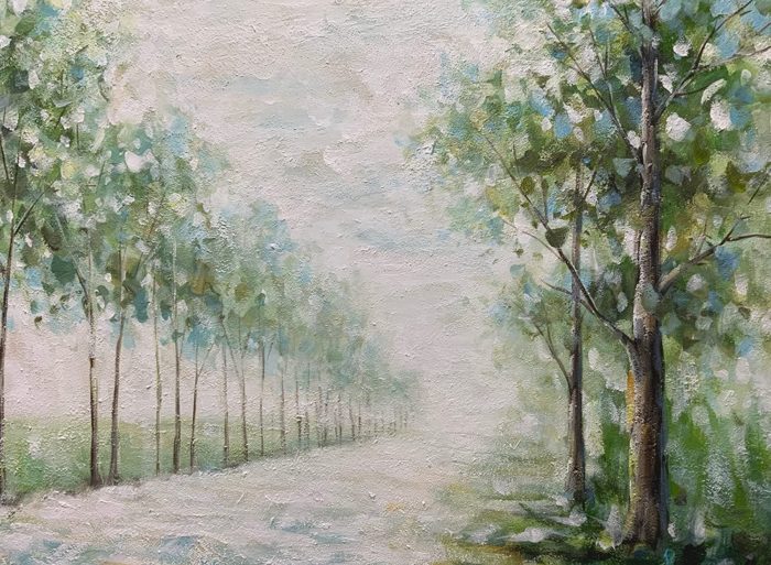 Spring Green Trees On Two Side of Road Painting Artwork - Image 3
