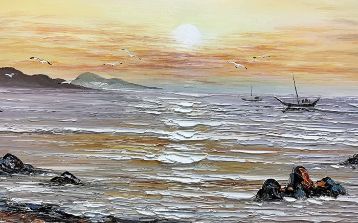 Sunrise Seagull And Boat 36*72 Inch Seascape Oil On Canvas - Image 3