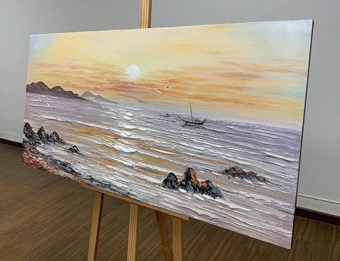 Sunrise Seagull And Boat 36*72 Inch Seascape Oil On Canvas - Image 5