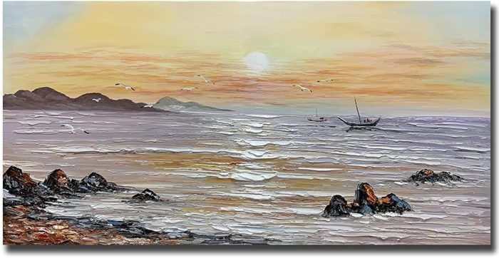 Sunrise Seagull And Boat 36*72 Inch Seascape Oil On Canvas - Image 2