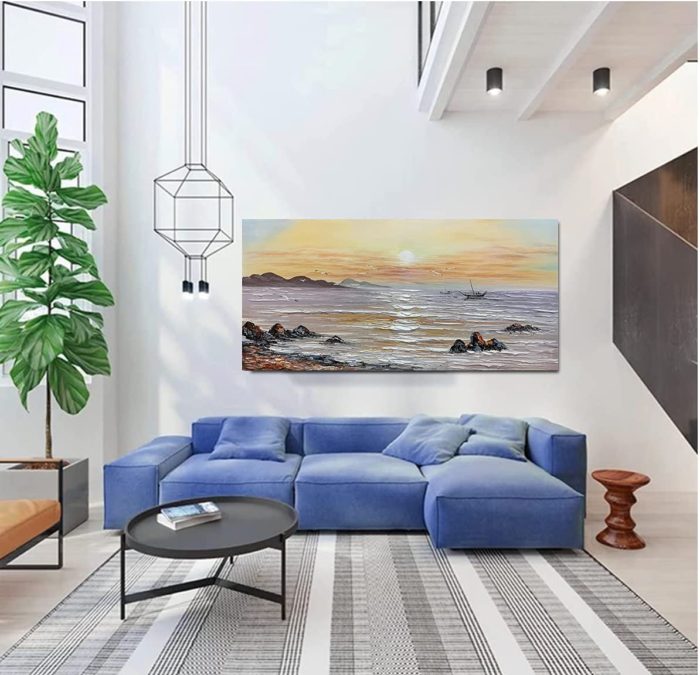 Sunrise Seagull And Boat 36*72 Inch Seascape Oil On Canvas - Image 6