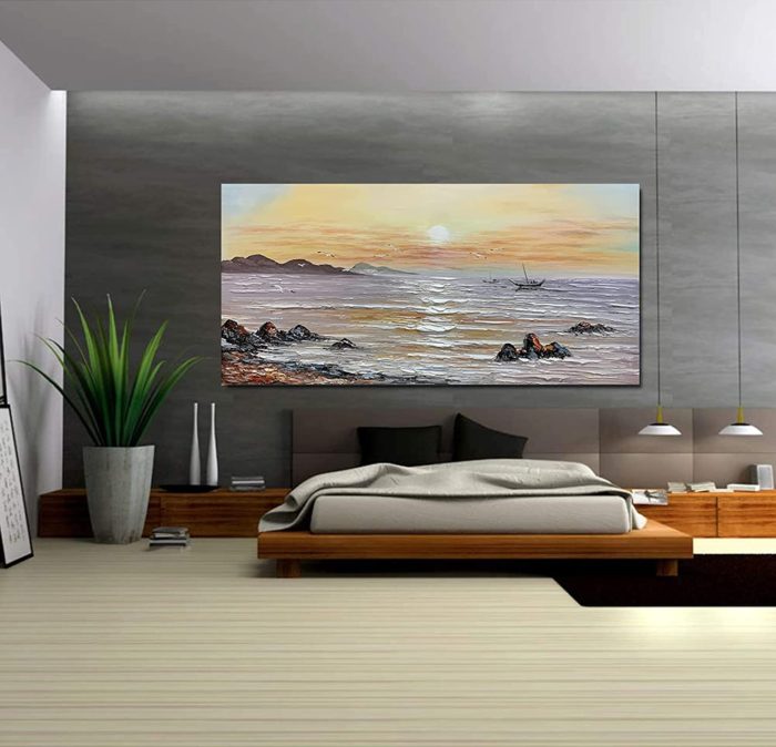 Sunrise Seagull And Boat 36*72 Inch Seascape Oil On Canvas