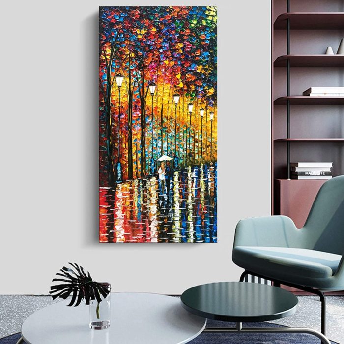 Sweet Couple With Umbrella Walk In Night Street For Home Decor - Image 6