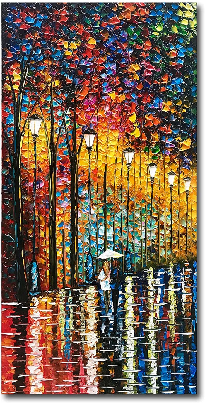 Sweet Couple With Umbrella Walk In Night Street For Home Decor - Image 3