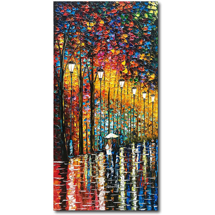 Sweet Couple With Umbrella Walk In Night Street For Home Decor - Image 2