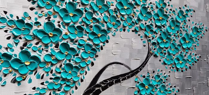 Teal Flower Tree Oil Painting On Canvas With Light Grey Decor Wall - Image 3