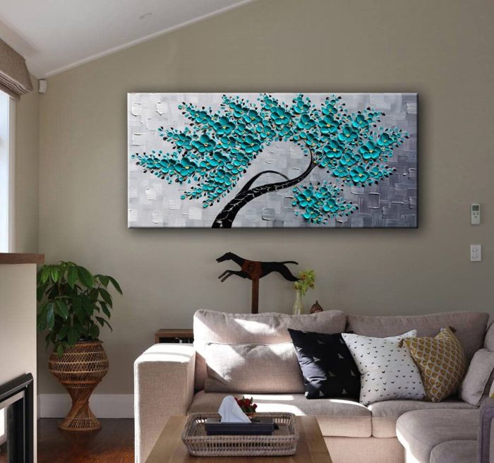 Teal Flower Tree Oil Painting On Canvas With Light Grey Decor Wall - Image 5