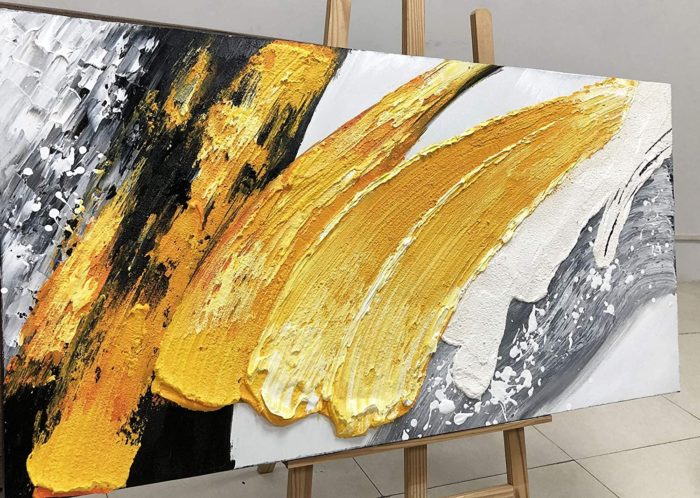 Thick Textured Yellow Grey White Black Mix Abstract Art Painting - Image 6