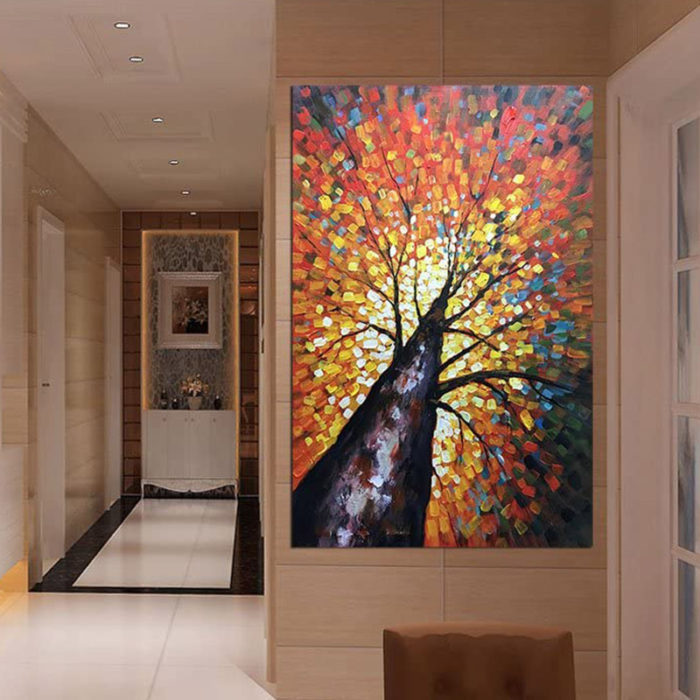 Upward View Huge Aspen Tree To Draw Knife Oil Painting For Hallway