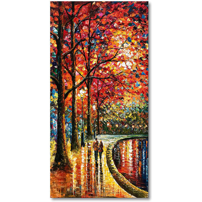 Vertical Canvas Art Couple Walk The Road Between Tall Tree And Lake - Image 2