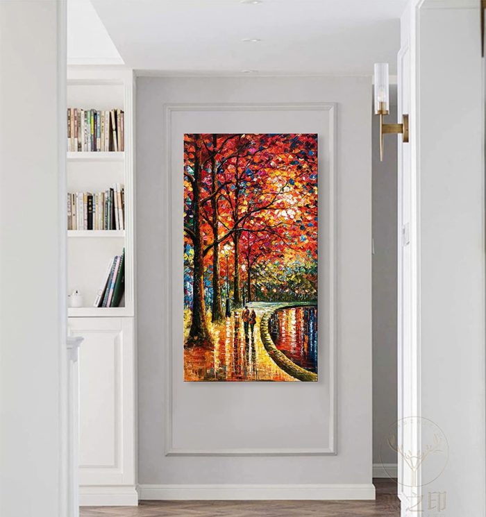 Vertical Canvas Art Couple Walk The Road Between Tall Tree And Lake - Image 5