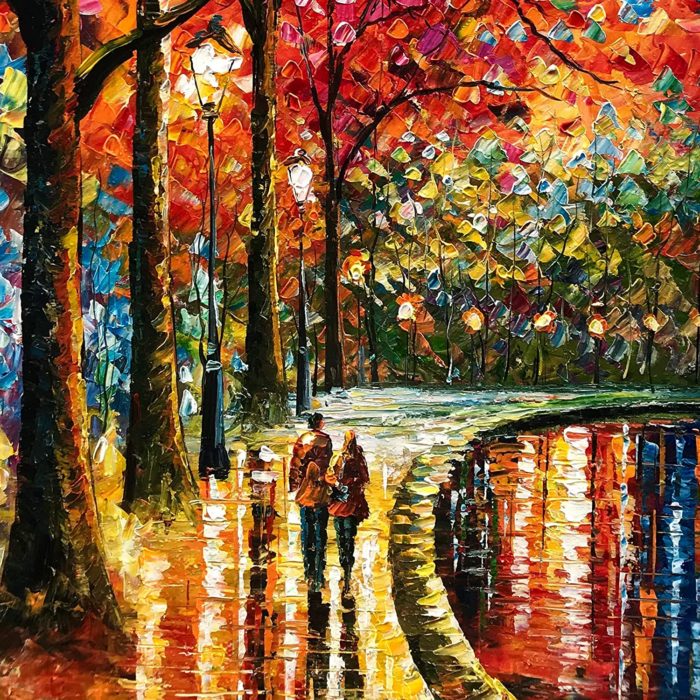 Vertical Canvas Art Couple Walk The Road Between Tall Tree And Lake - Image 4