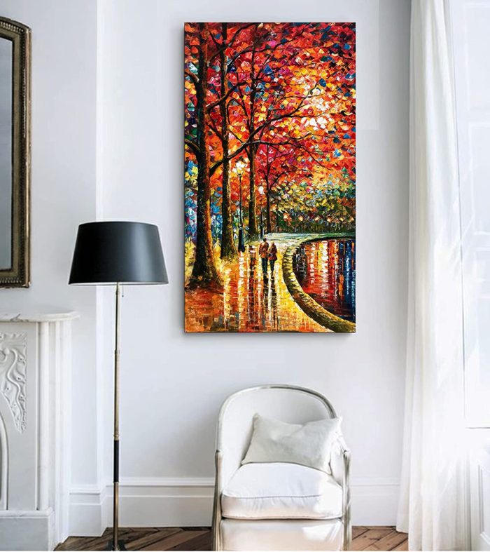 Vertical Canvas Art Couple Walk The Road Between Tall Tree And Lake - Image 6