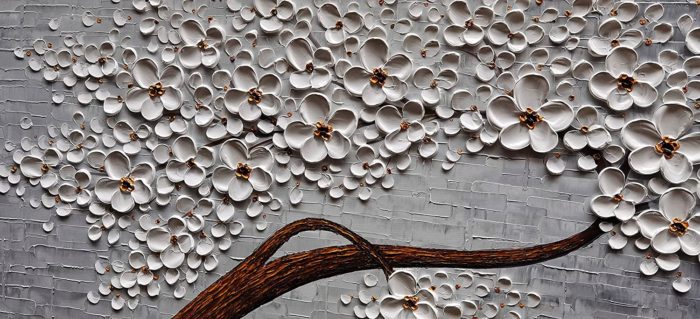 White Blossom Tree Crooked Trunk Purple-Grey Textured 3D Artwork - Image 4