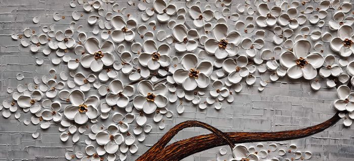 White Blossom Tree Crooked Trunk Purple-Grey Textured 3D Artwork - Image 3