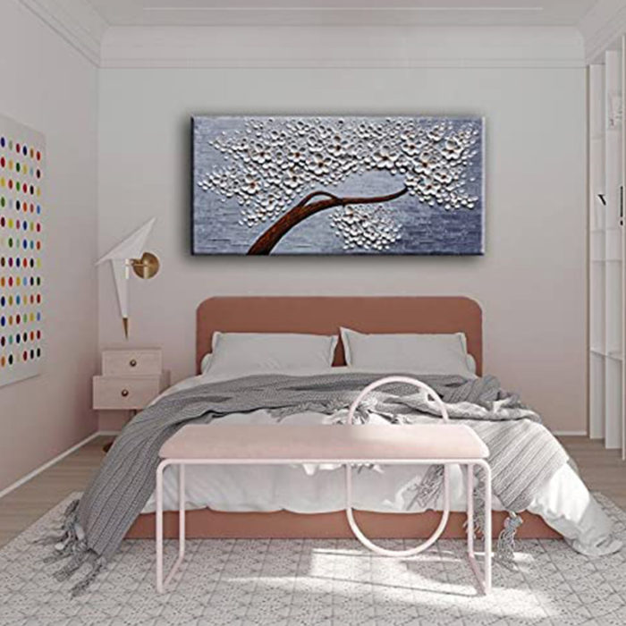 White Blossom Tree Crooked Trunk Purple-Grey Textured 3D Artwork