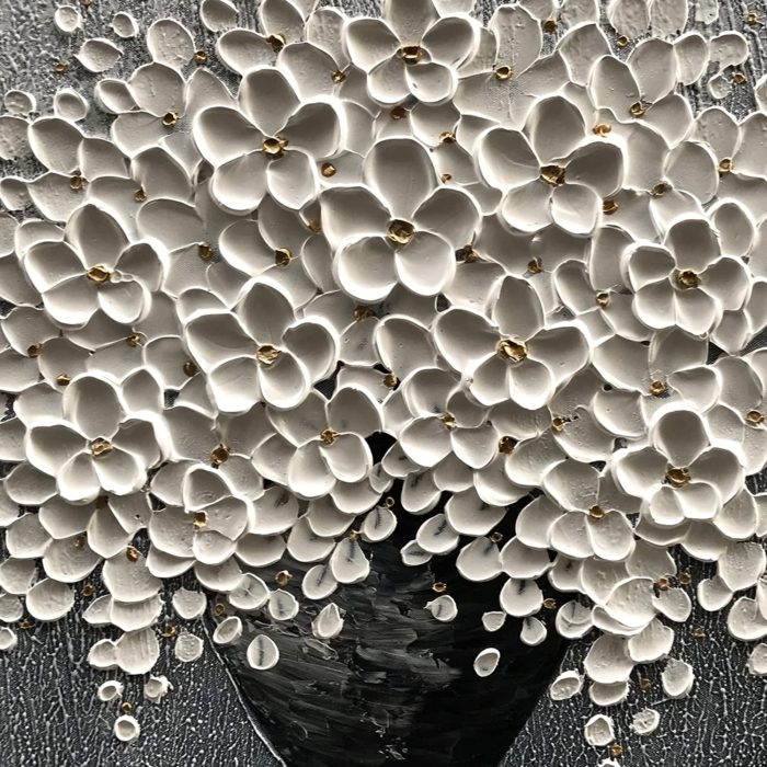 White Flower Black Vase Grey Background Handmade Painting For Home - Image 3
