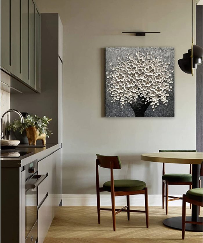 White Flower Black Vase Grey Background Handmade Painting For Home - Image 4