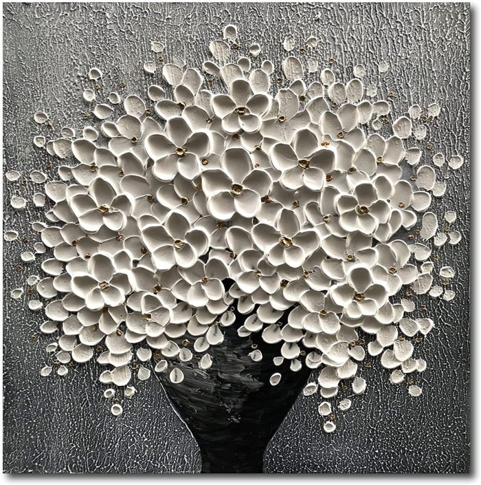 White Flower Black Vase Grey Background Handmade Painting For Home - Image 2