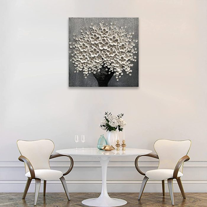 White Flower Black Vase Grey Background Handmade Painting For Home - Image 5