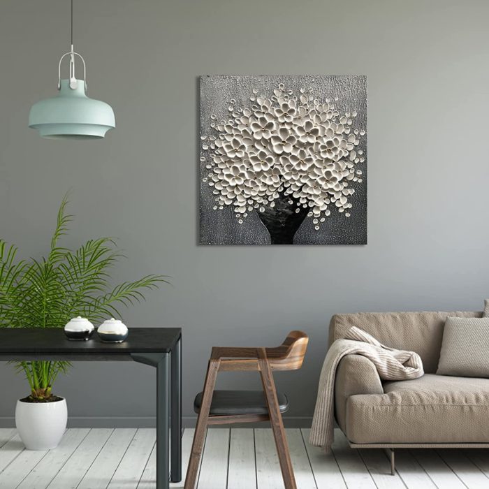 White Flower Black Vase Grey Background Handmade Painting For Home