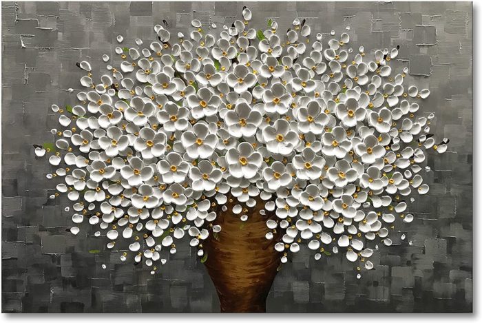 White Petals With Grey Texture Palette Knife Floral Painting - Image 2