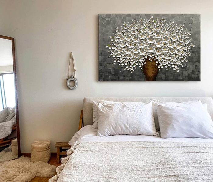 White Petals With Grey Texture Palette Knife Floral Painting - Image 5