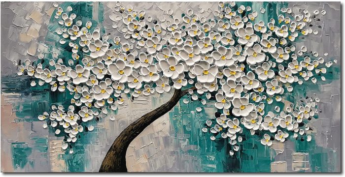 White Petals Yellow Stamens Light Blue Textured Painting Decor Home - Image 2