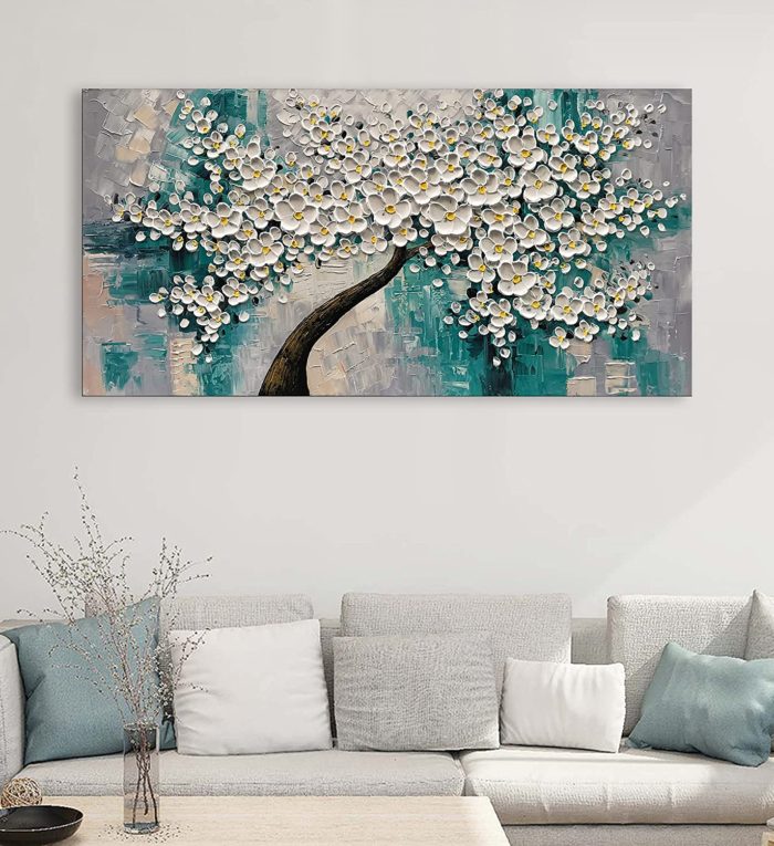 White Petals Yellow Stamens Light Blue Textured Painting Decor Home - Image 4