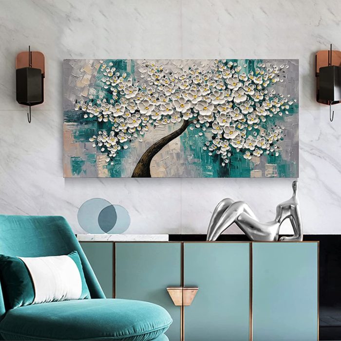 White Petals Yellow Stamens Light Blue Textured Painting Decor Home