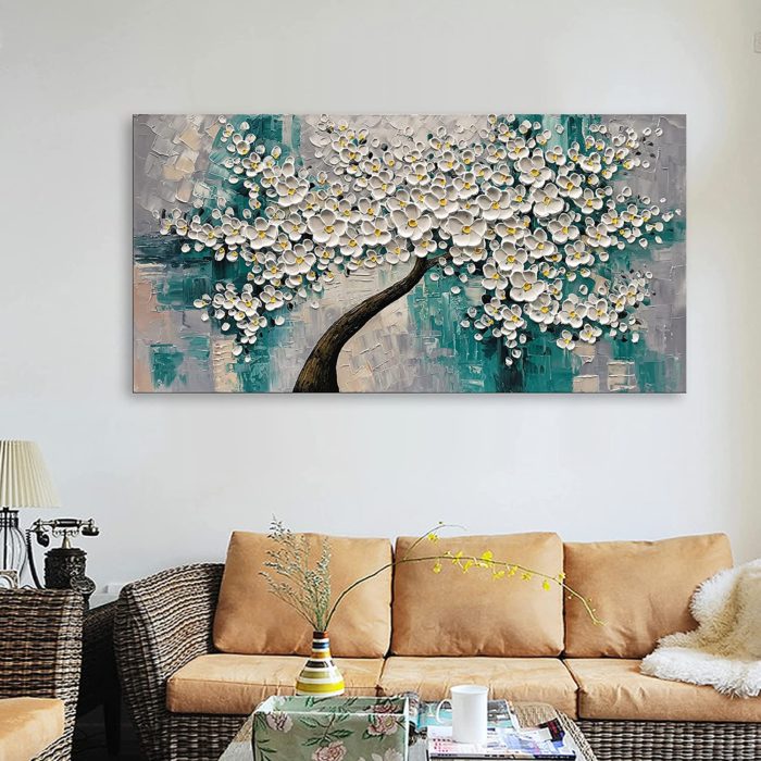 White Petals Yellow Stamens Light Blue Textured Painting Decor Home - Image 6