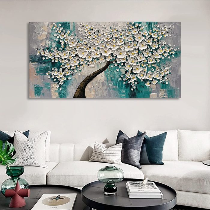 White Petals Yellow Stamens Light Blue Textured Painting Decor Home - Image 5