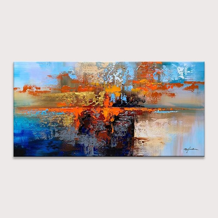 Abstract Blue Oil Painting On Canvas Texture Orange Paintings - Image 2