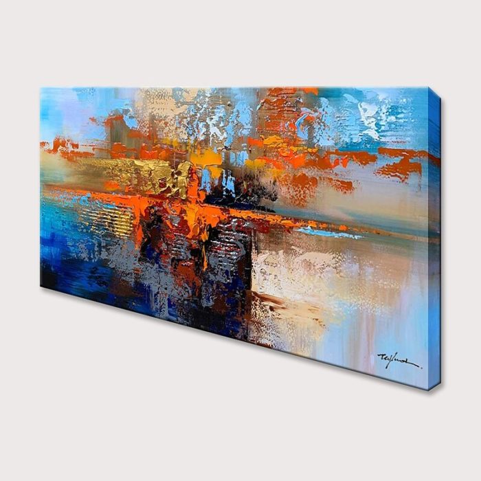 Abstract Blue Oil Painting On Canvas Texture Orange Paintings - Image 4