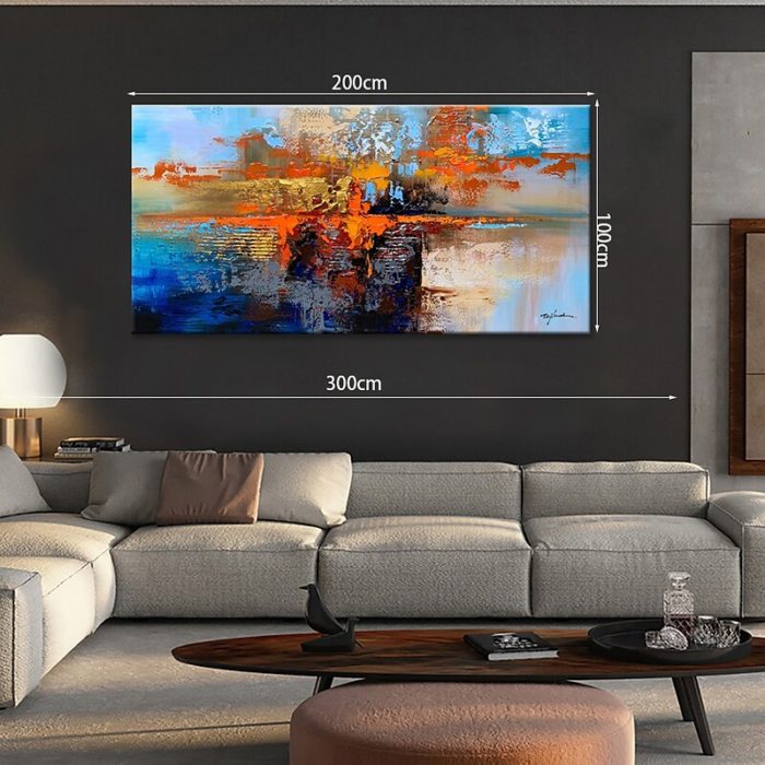 Abstract Blue Oil Painting On Canvas Texture Orange Paintings - Image 5